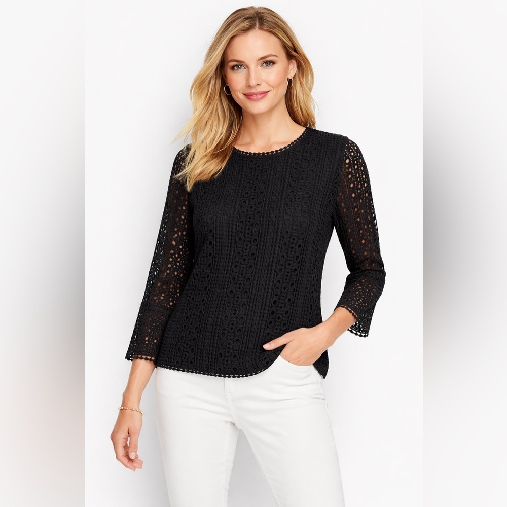 Talbots Chic Everyday Black Eyelet Lace 3/4 Sleeve Top – Size M